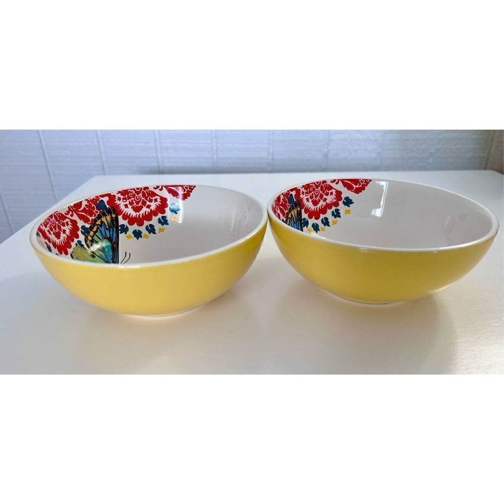 Set of 2 Tag Yellow Ceramic Bowl Multi Color Pattern With Butterfly
